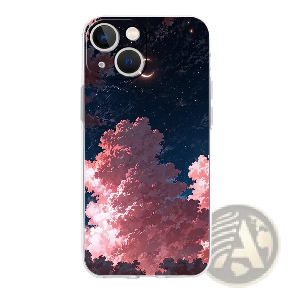 Back side of an artistic night sky transparent iphone case with pink clouds on a dark blue starry night sky