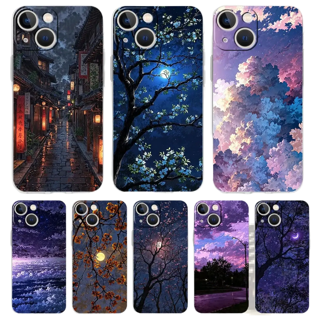 Artistic night sky transparent iphone case collection with vibrant lantern alley, blossoming trees, and twilight sky designs on the back