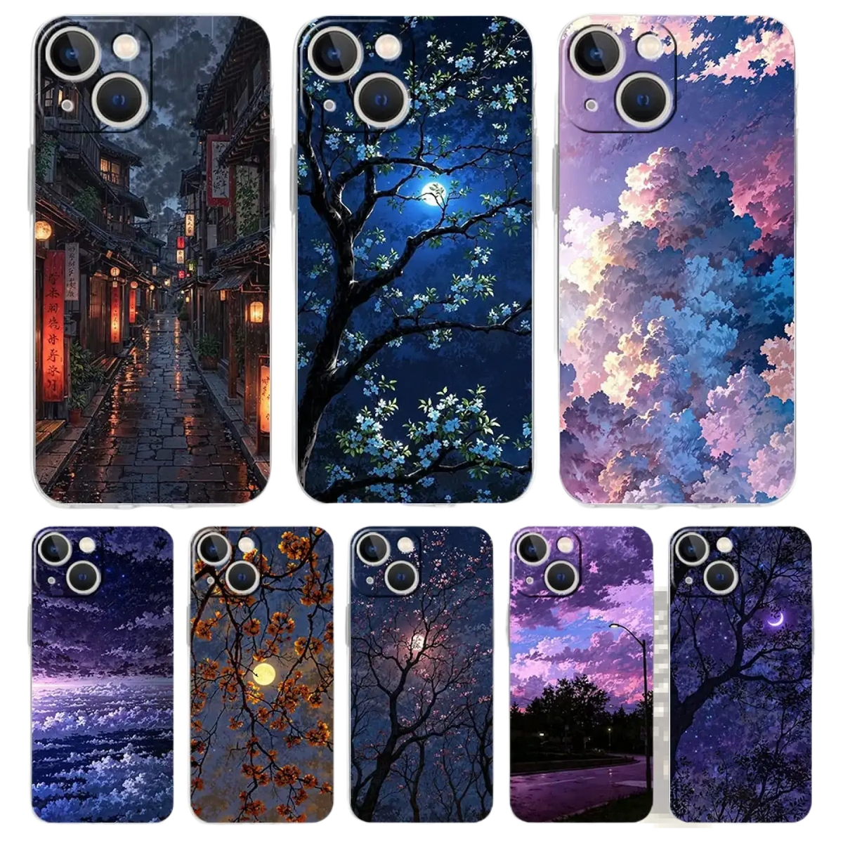 Artistic night sky transparent iphone case collection with vibrant lantern alley, blossoming trees, and twilight sky designs on the back