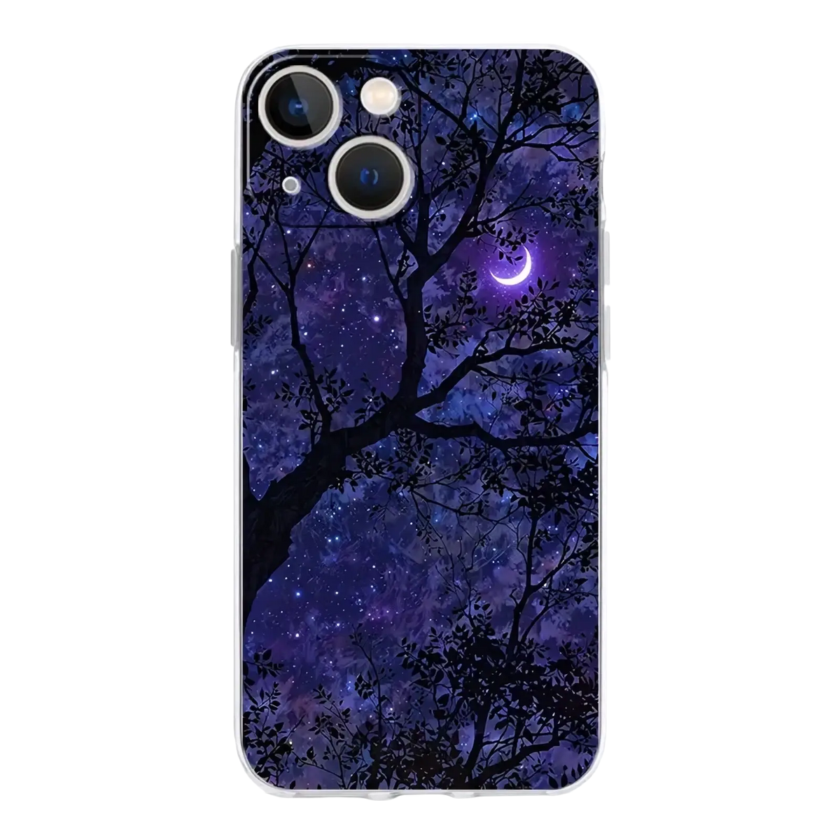 Back of an artistic night sky transparent iPhone case with cosmic design and dark tree silhouettes on purple sky