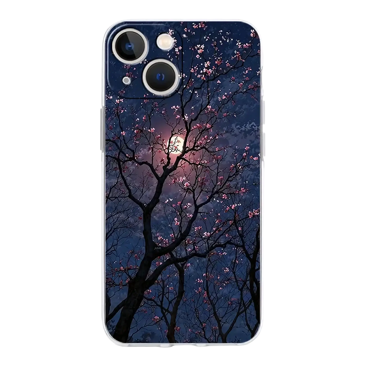 Transparent iphone case back featuring pink cherry blossoms against a dark blue night sky with a glowing moon design