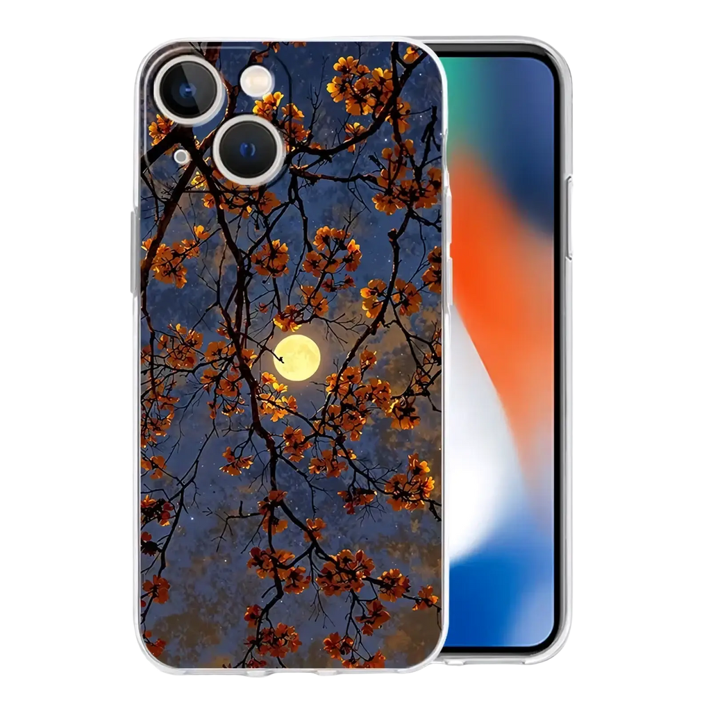Transparent iphone case showing the back side with orange blossoms and branches against a dark blue night sky and full moon