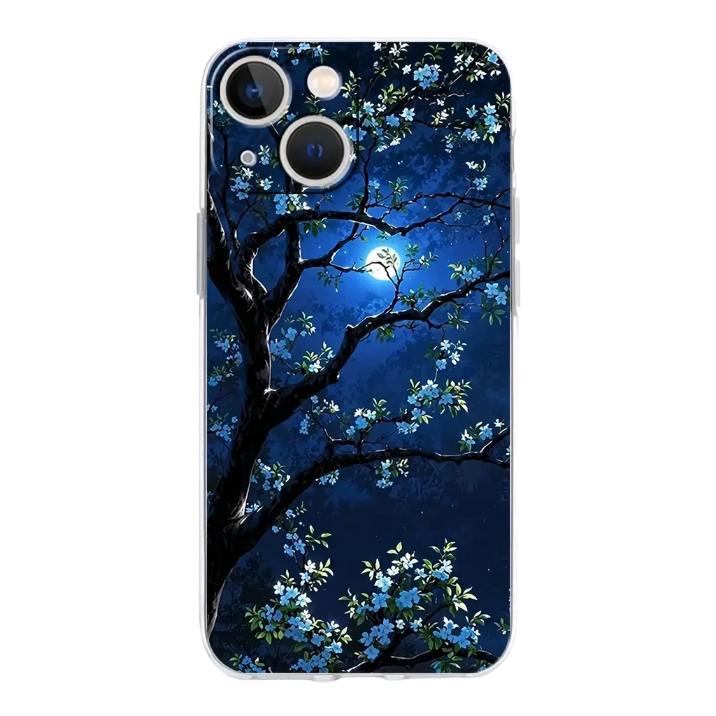 Back side of an artistic night sky transparent iPhone case with a dark tree and blue blossoms on a navy night sky