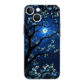 Back side of an artistic night sky transparent iPhone case with a dark tree and blue blossoms on a navy night sky