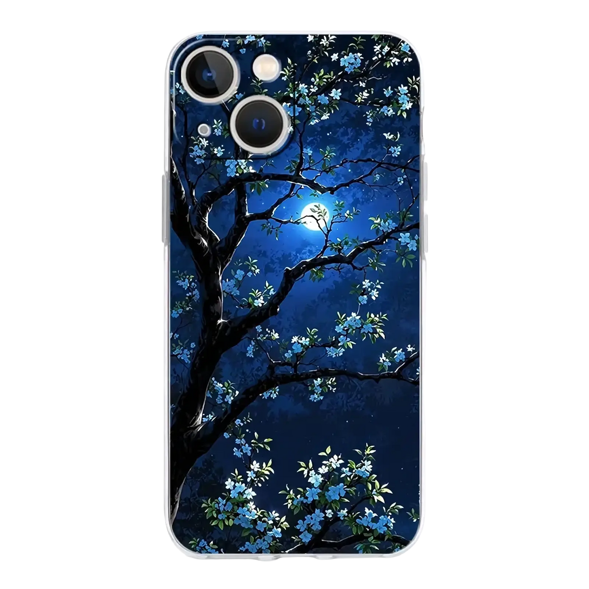 Back side of an artistic night sky transparent iPhone case with a dark tree and blue blossoms on a navy night sky
