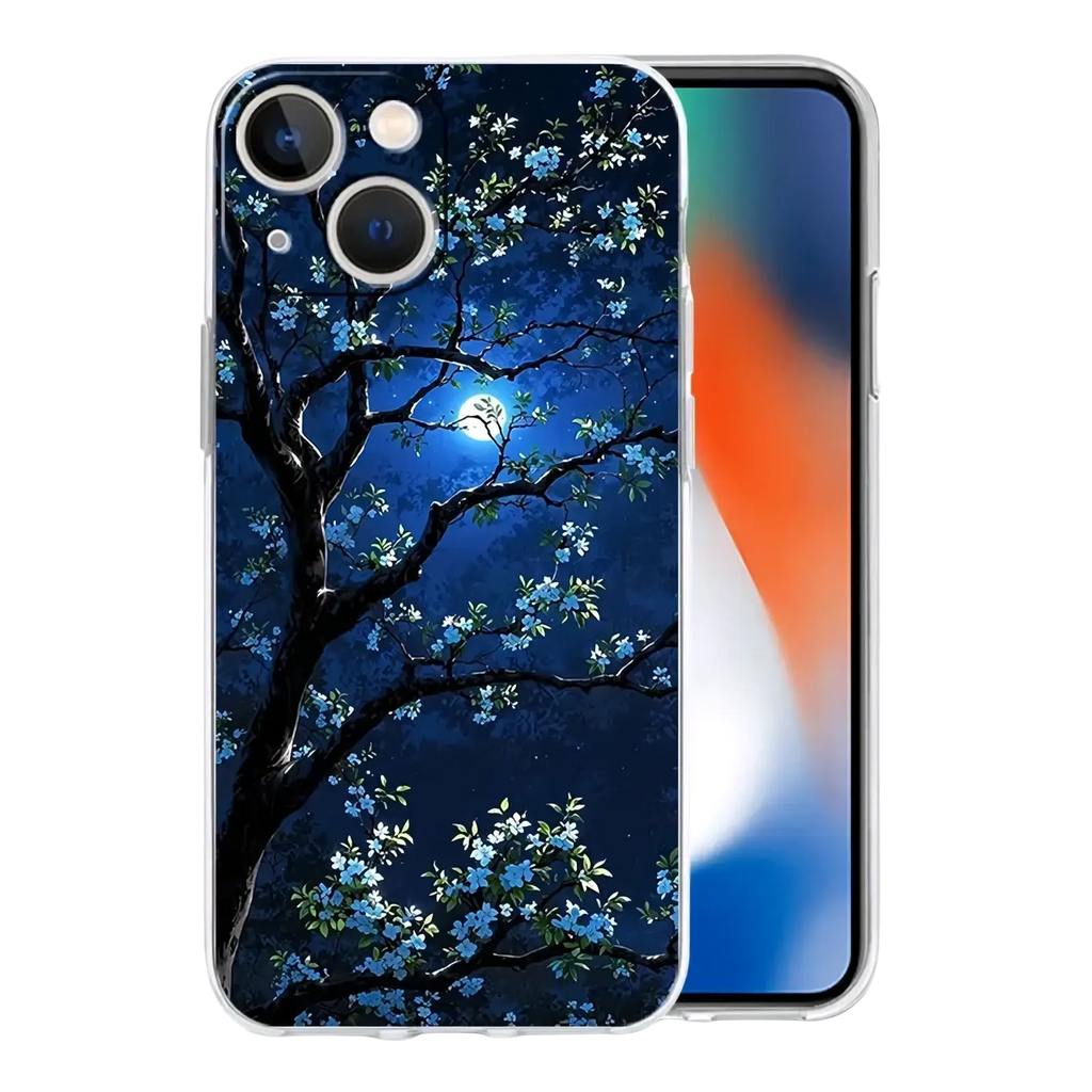 Back side of an artistic night sky transparent iPhone case with a blossoming tree and glowing moon illustration