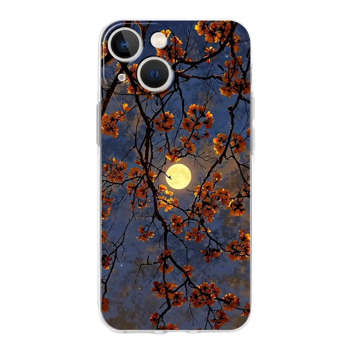 Back of a transparent iphone case with orange blossoms and a full yellow moon against a dark blue night sky design