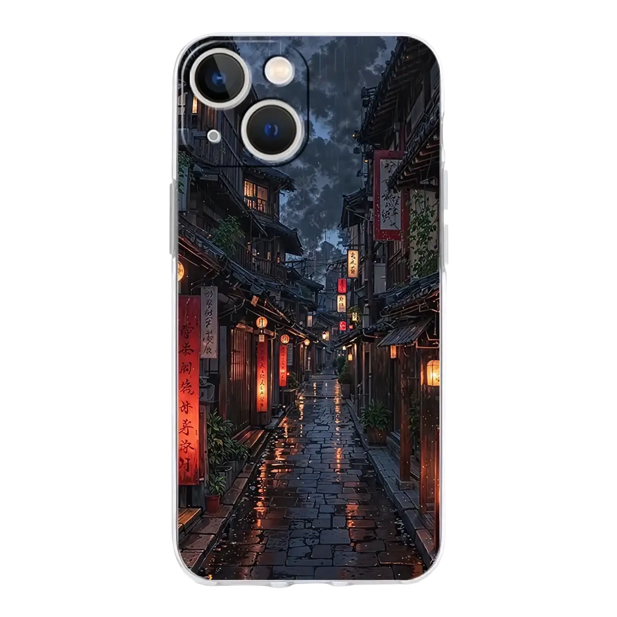 Transparent iphone case with artistic night sky design showing a dimly lit rain-slicked japanese alley on back side