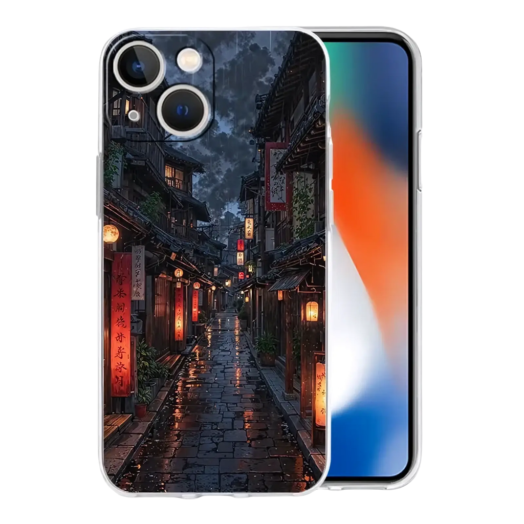 Back side of a transparent artistic night sky iphone case with a detailed dimly lit rain-slicked alley print