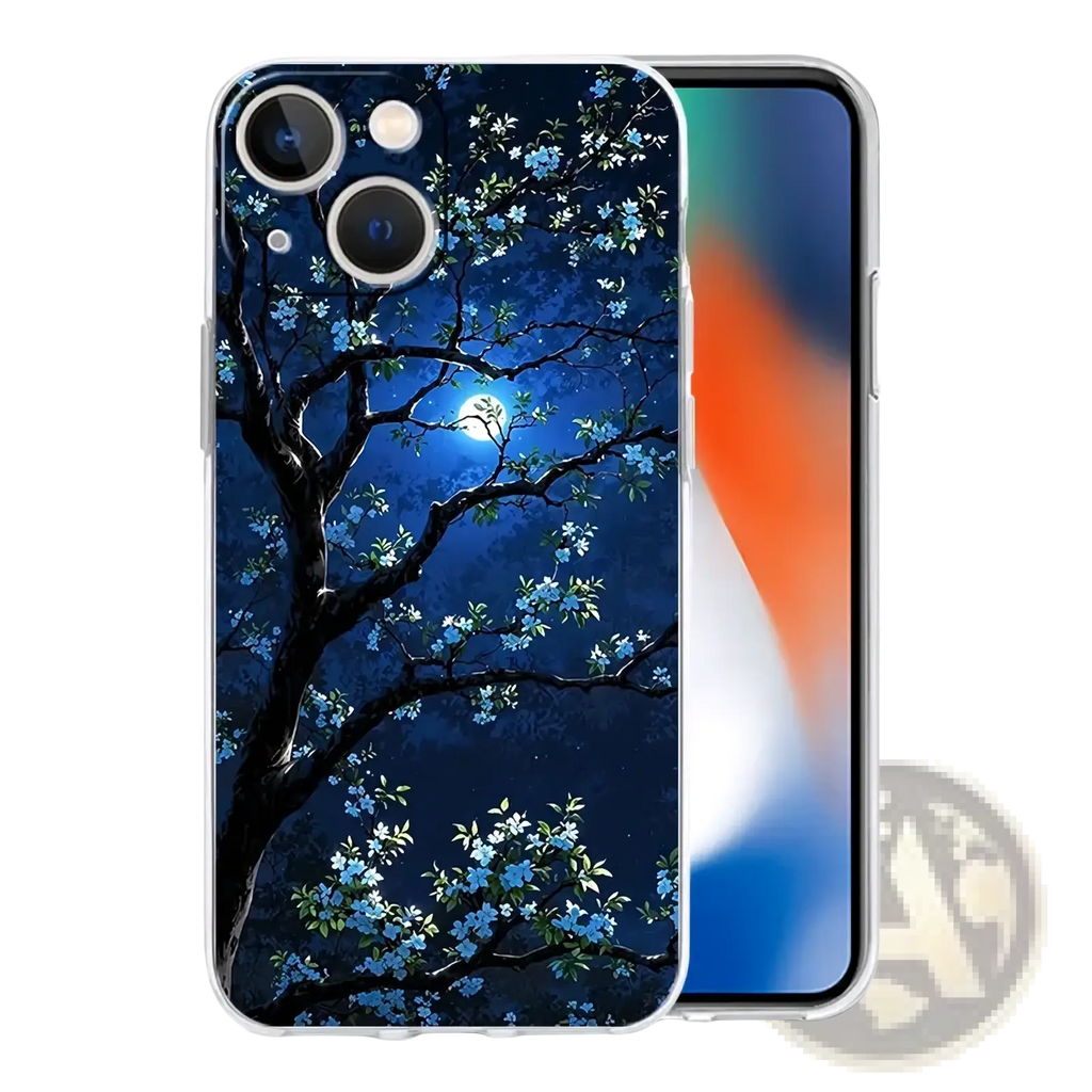 Back side of an artistic night sky transparent iPhone case with a blossoming tree and glowing moon illustration