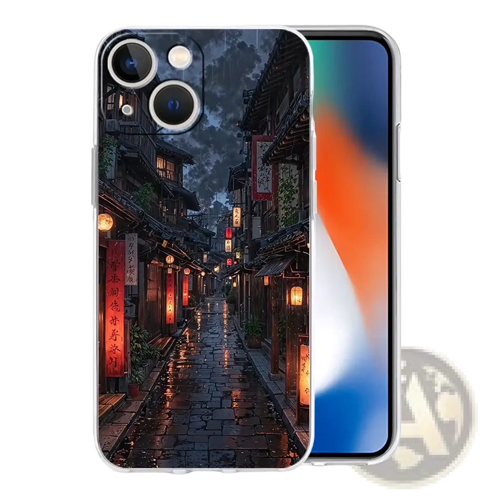 Back side of a transparent artistic night sky iphone case with a detailed dimly lit rain-slicked alley print