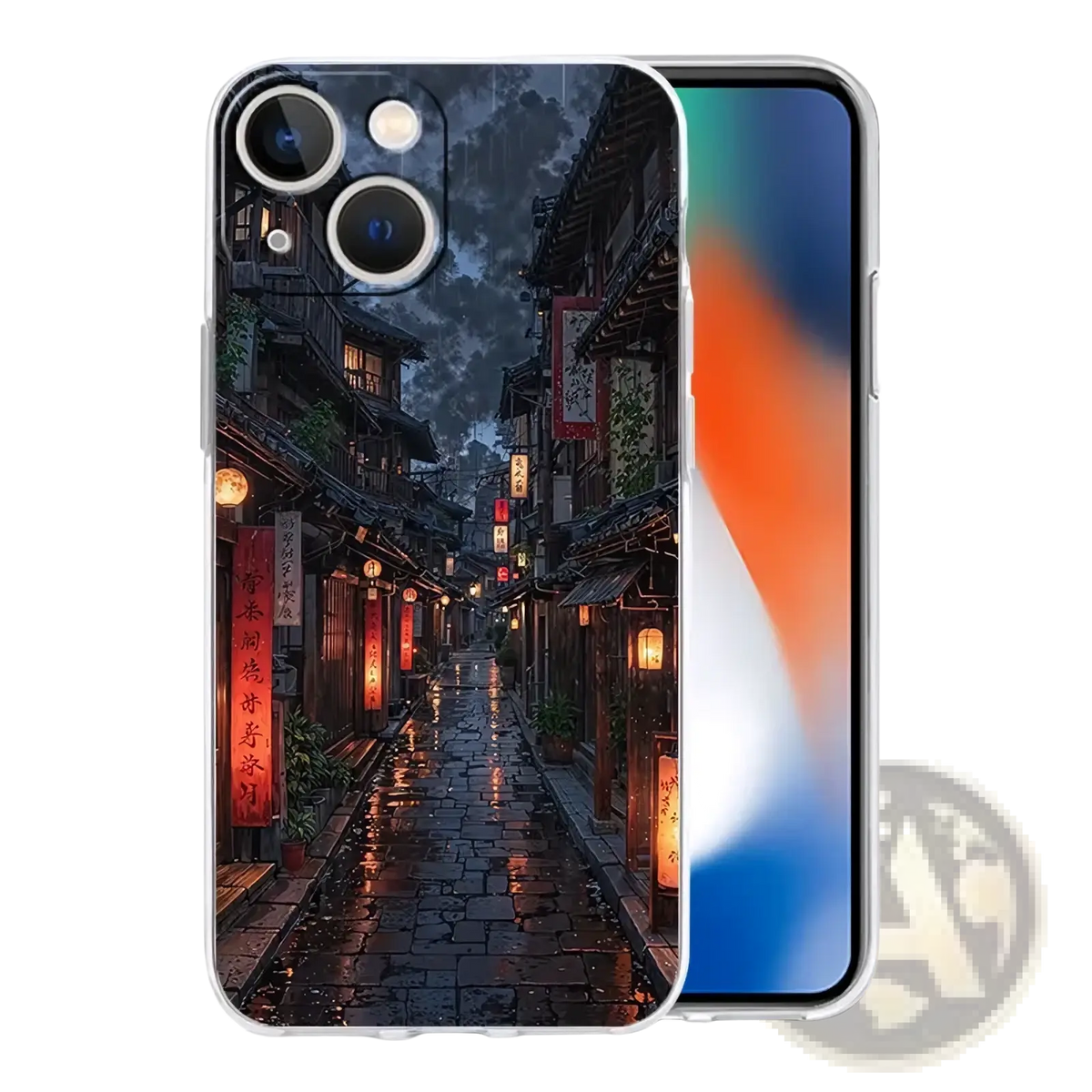 Back side of a transparent artistic night sky iphone case with a detailed dimly lit rain-slicked alley print