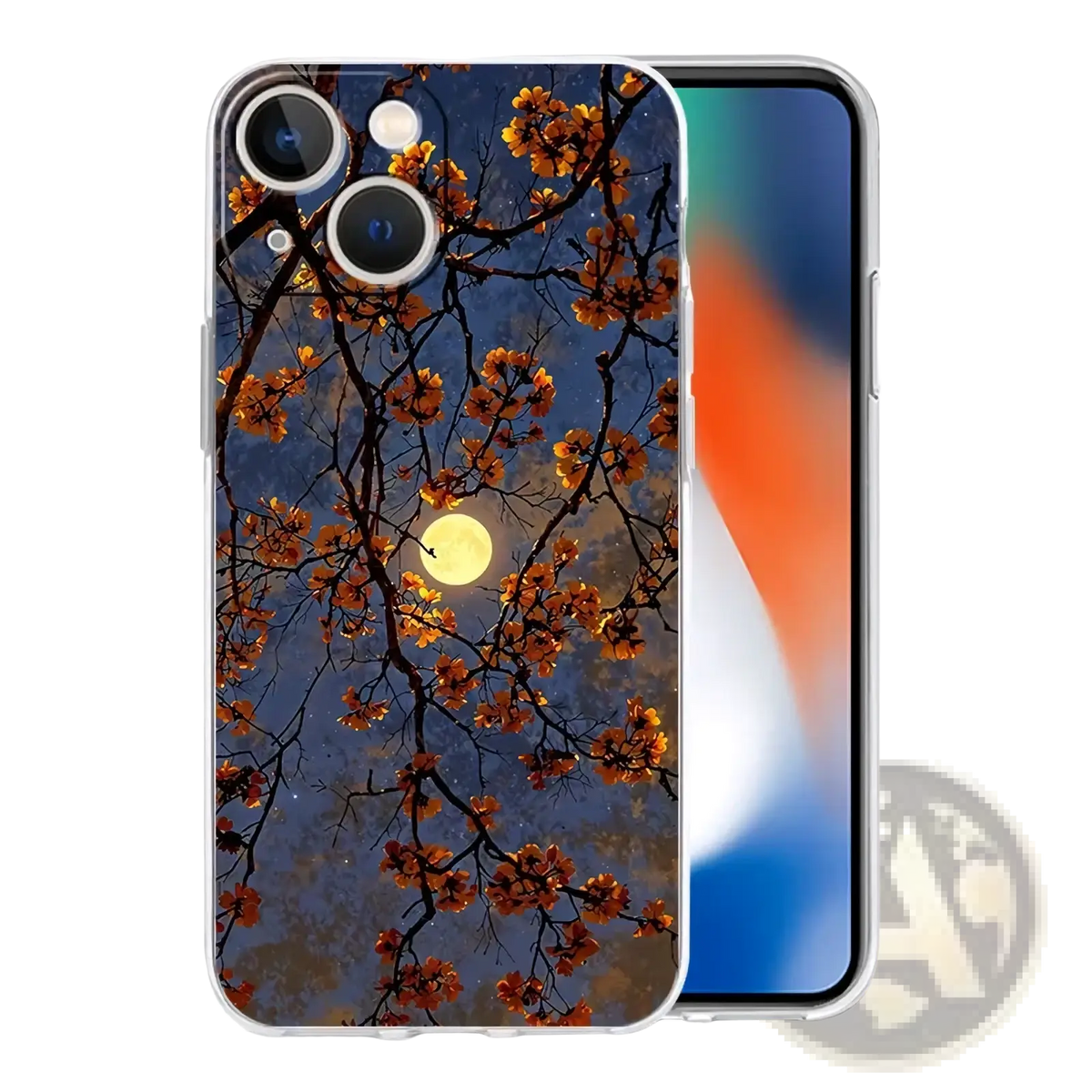 Transparent iphone case showing the back side with orange blossoms and branches against a dark blue night sky and full moon