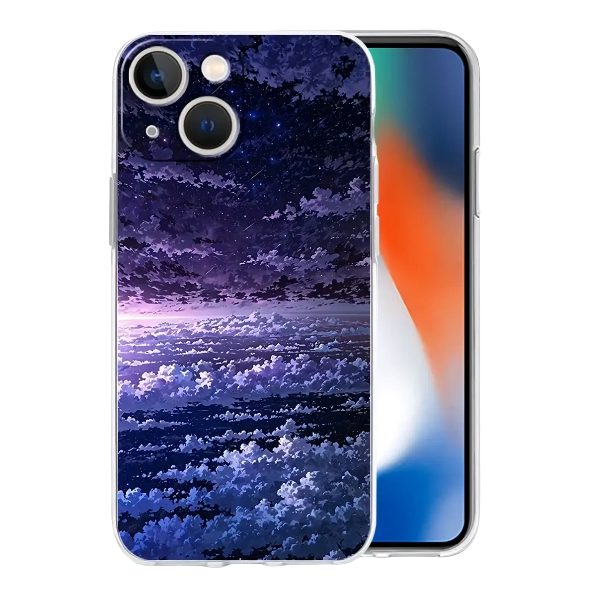 Translucent artistic night sky iphone case showing vibrant purple and blue clouds, stars, and shooting stars on back side