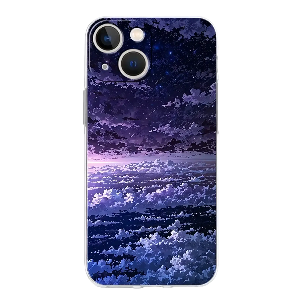 Back side of a translucent iphone case featuring a vibrant digital illustration of a starry night sky with clouds in purple and blue