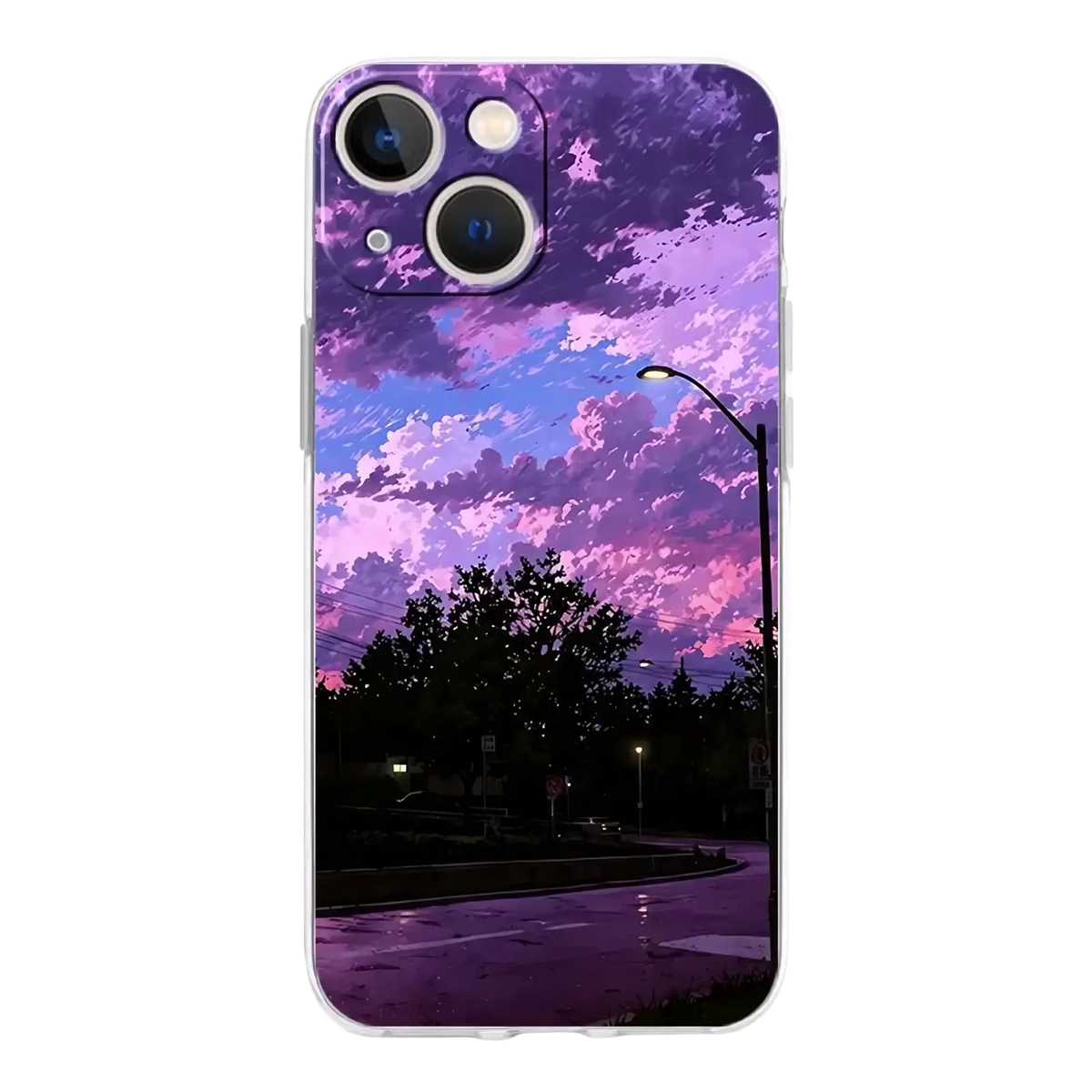 Artistic night sky transparent iphone case showing the back with a translucent design of a vibrant anime sunset scene