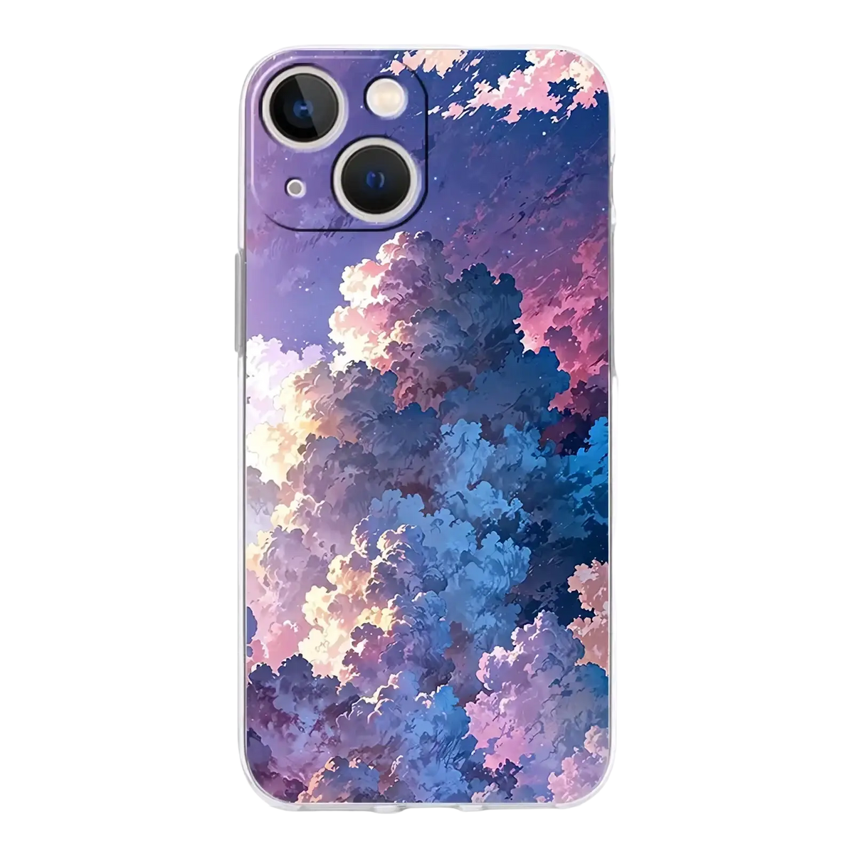 Translucent iphone case featuring a vibrant illustrated night sky with swirling purple pink and blue clouds on the back side
