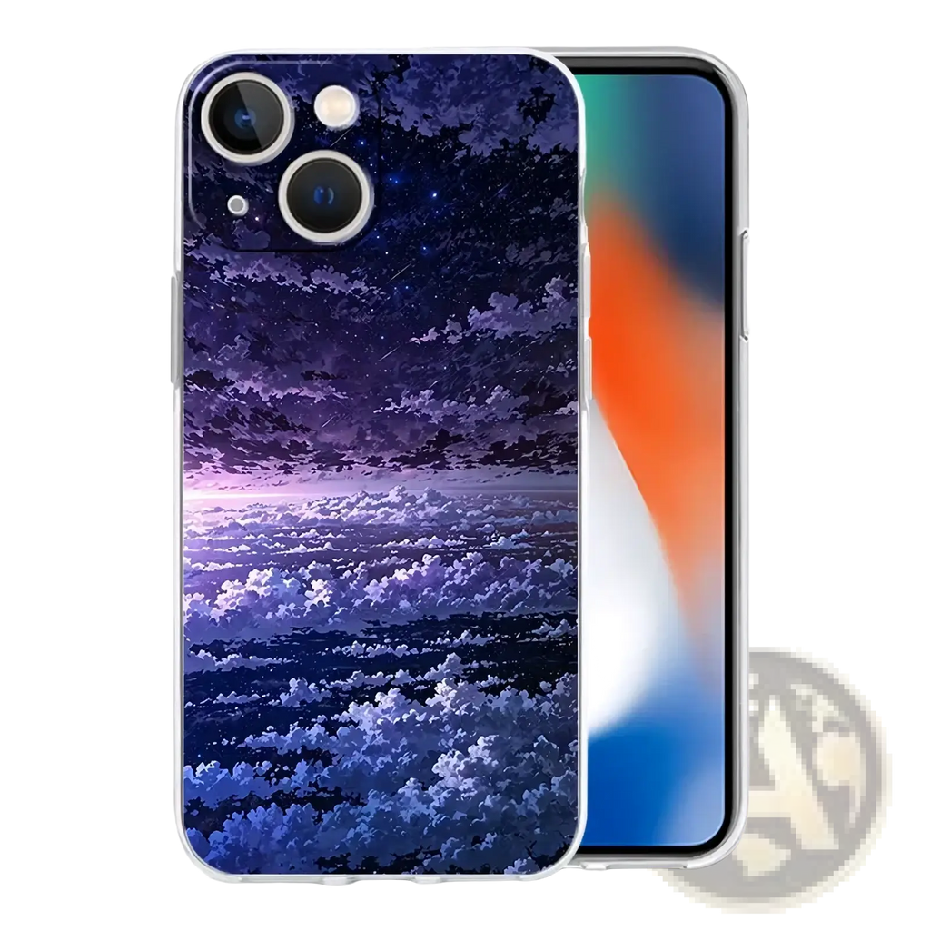 Translucent artistic night sky iphone case showing vibrant purple and blue clouds, stars, and shooting stars on back side