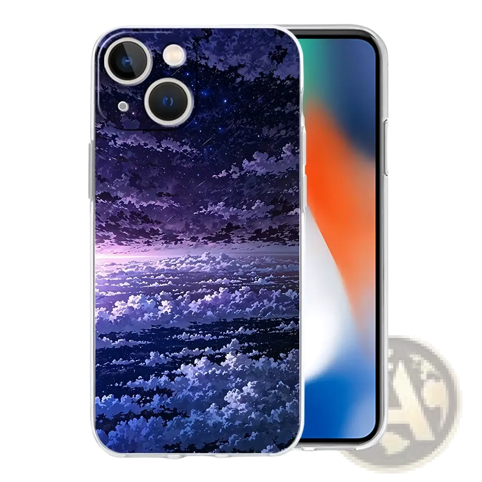 Translucent artistic night sky iphone case showing vibrant purple and blue clouds, stars, and shooting stars on back side