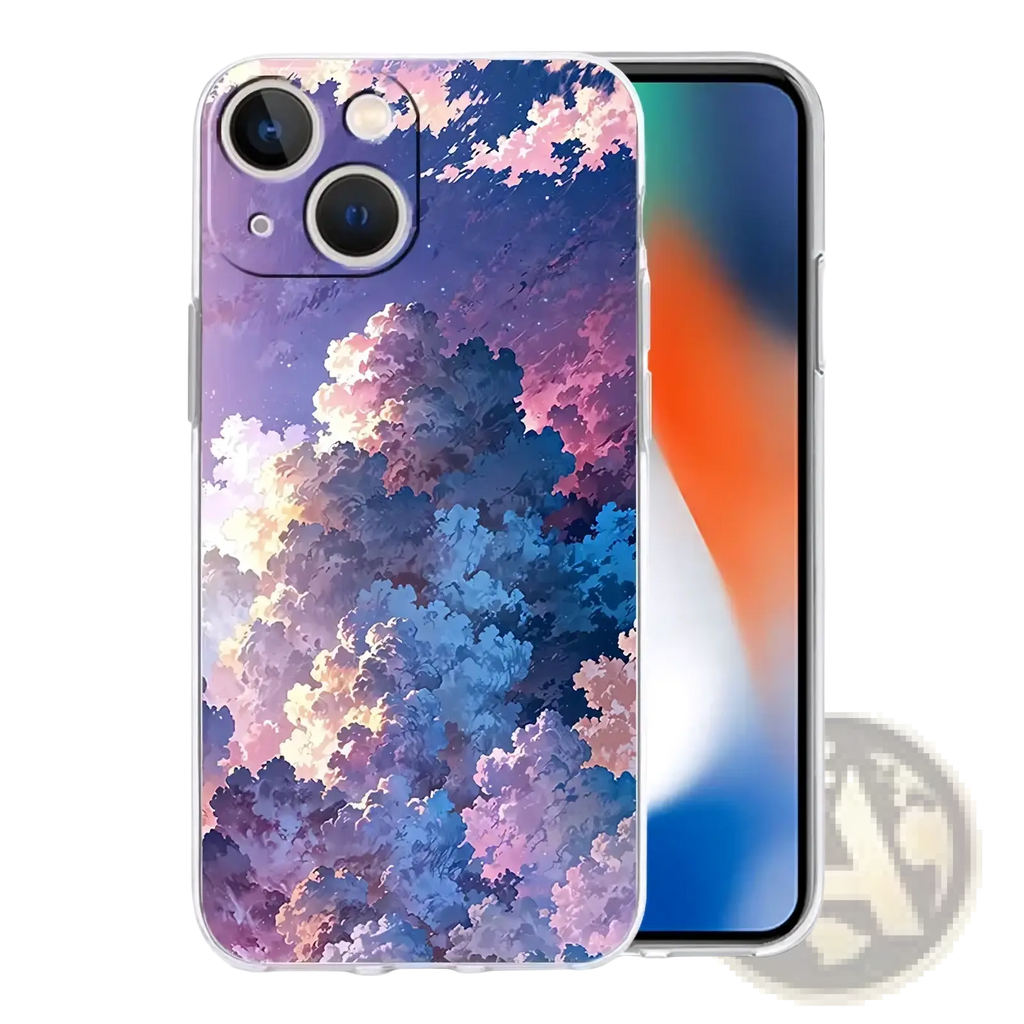 Back side of a translucent iphone case with a vibrant illustrated sky in purple pink and blue shades