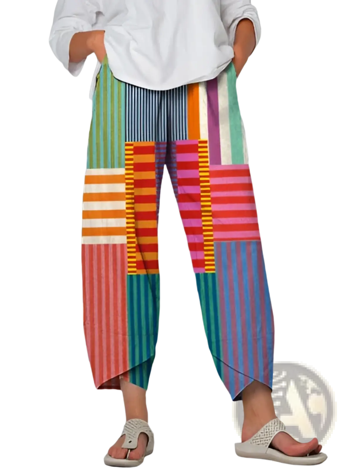 Artistic printed and embroidered slimming cropped pants featuring colorful patchwork wide-leg vertical stripes in green orange pink and blue