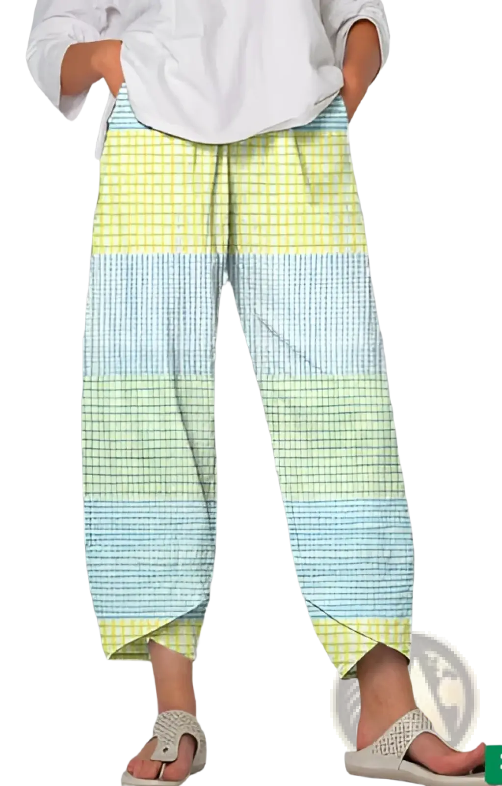 Pastel-colored artistic printed and embroidered wide-leg pants with yellow and light blue grid patchwork design
