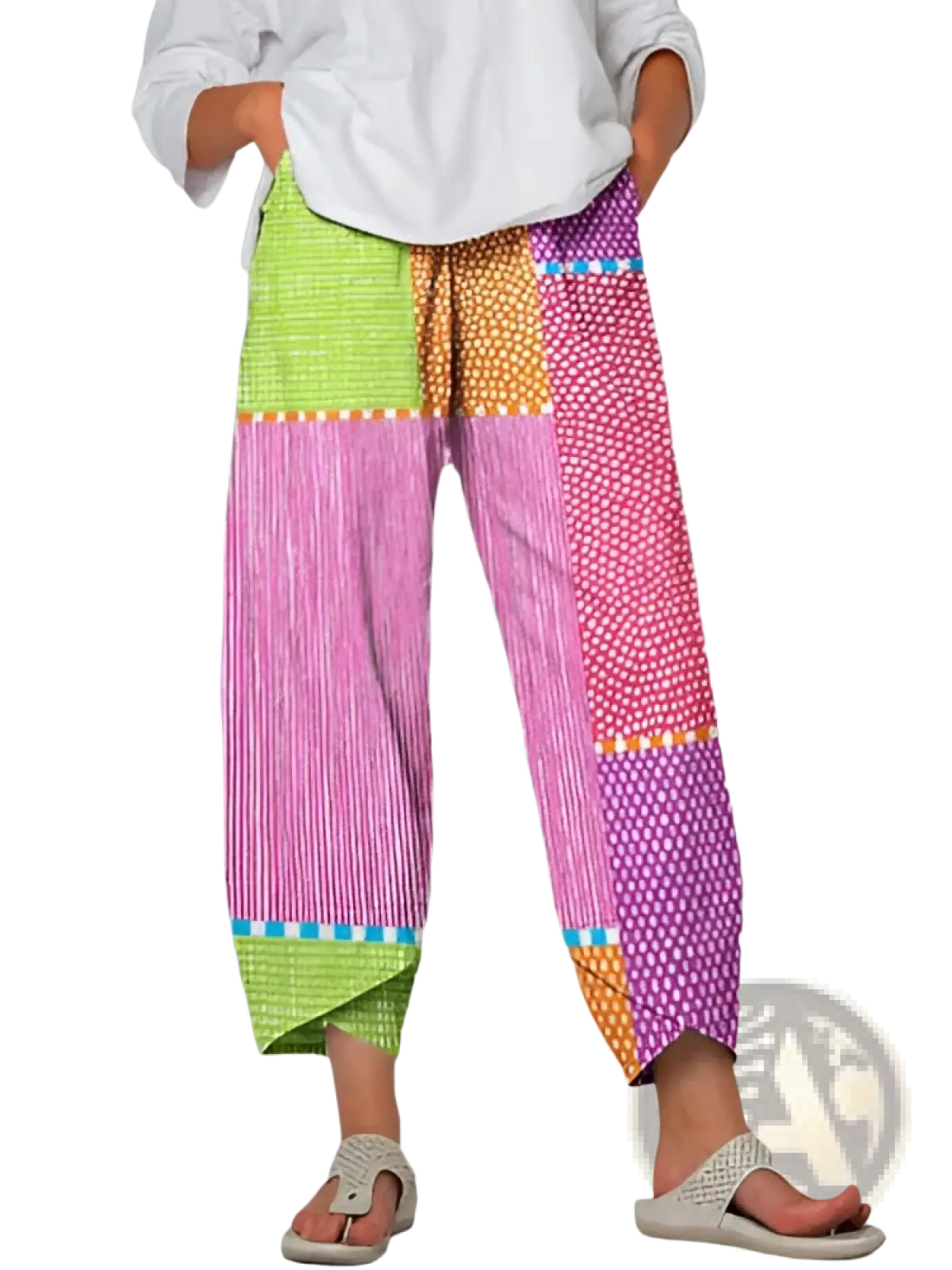 Artistic printed and embroidered slimming cropped pants with colorful patchwork wide-leg lime pink and purple patterns
