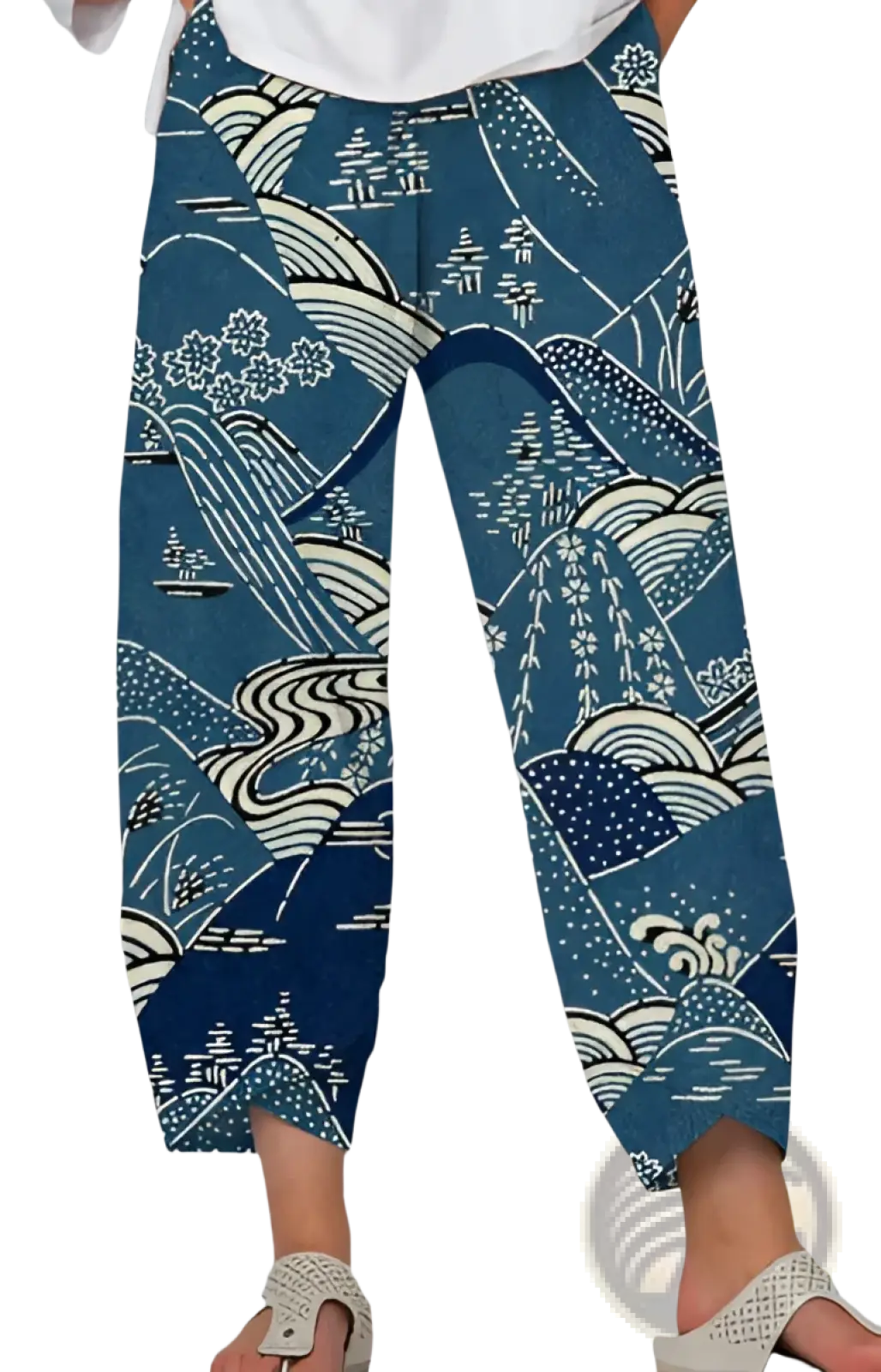 Artistic printed and embroidered slimming cropped pants in blue and white with a flowing wave-like wide-leg design