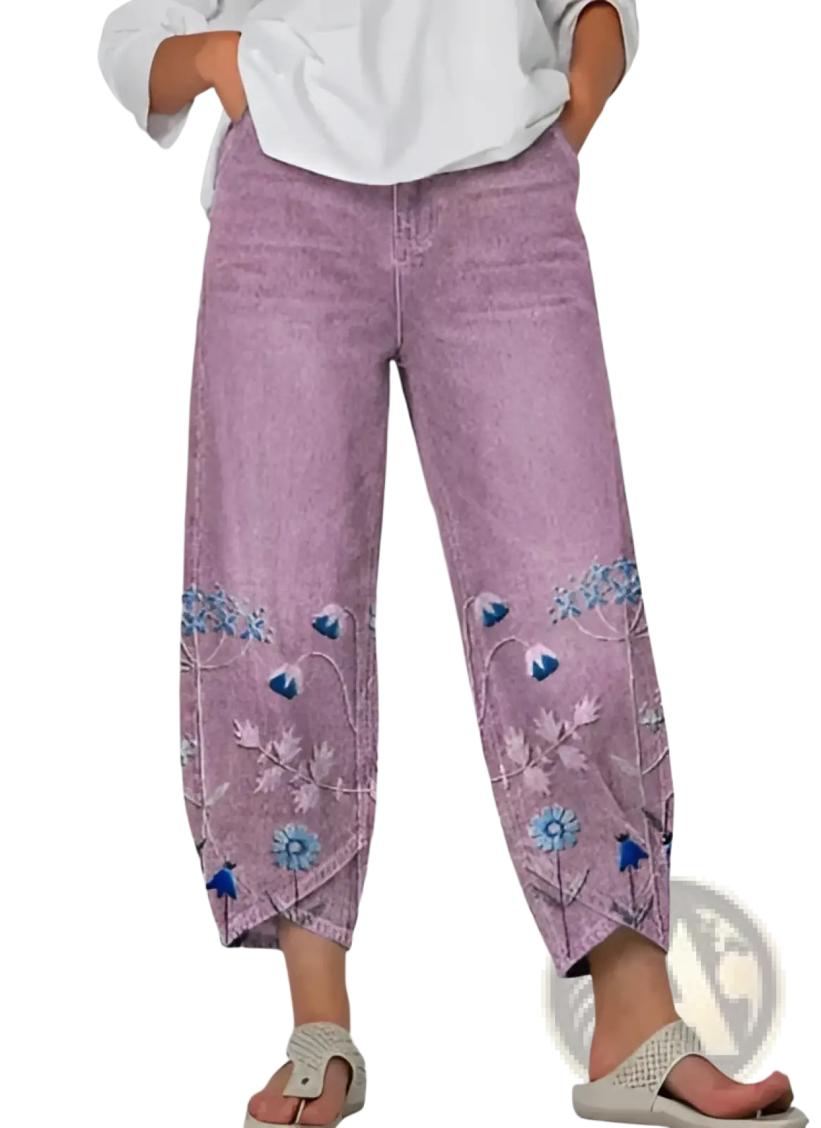 Purple denim slimming cropped pants with blue floral embroidery along the lower legs artistic printed design