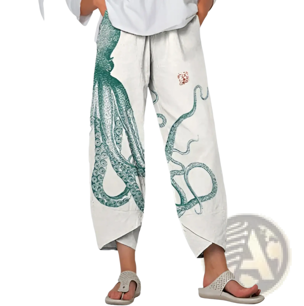 White cotton slimming cropped pants with large green octopus print and small red embroidered patch on thigh