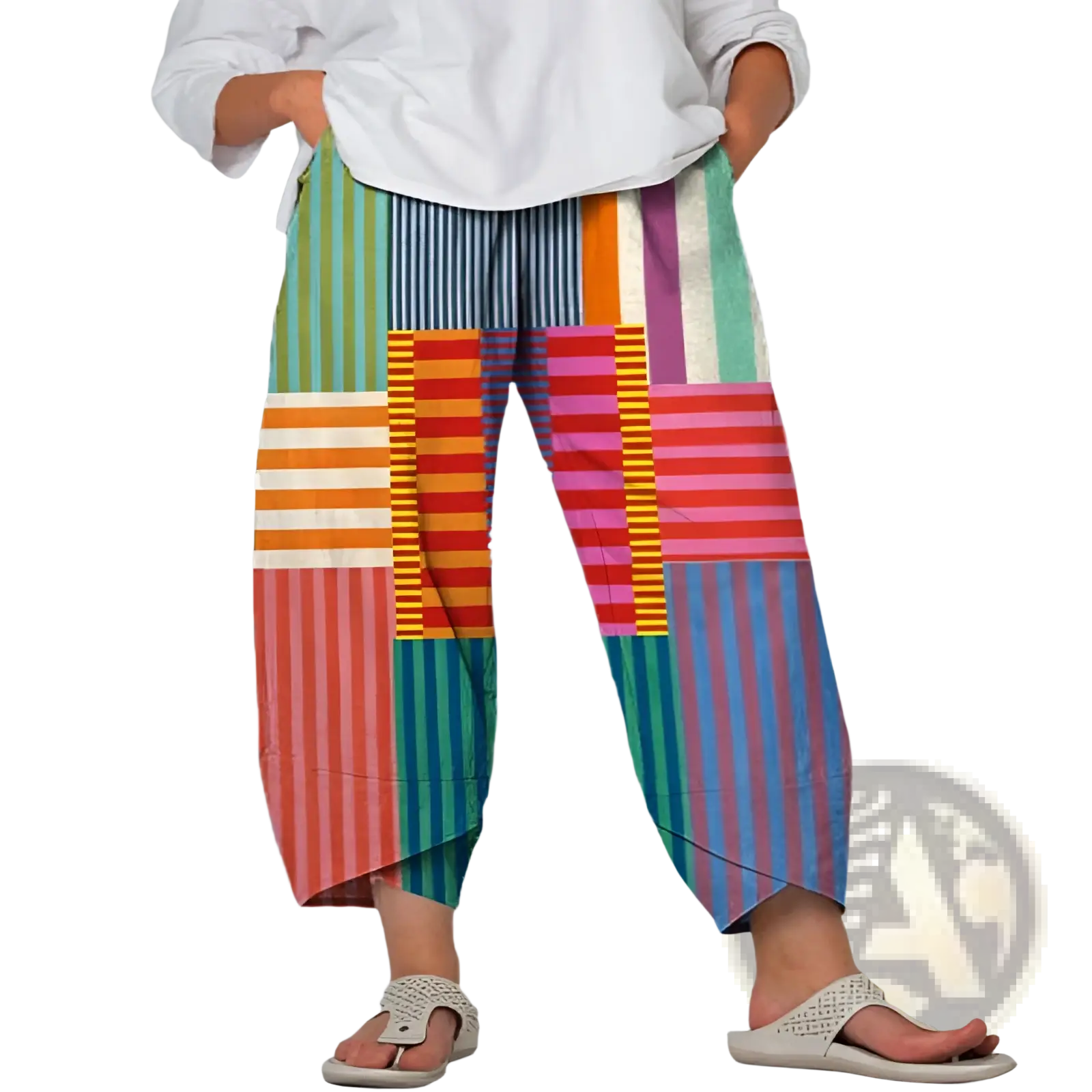 Artistic printed and embroidered slimming cropped pants featuring colorful patchwork wide-leg bold vertical stripes