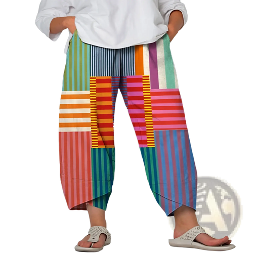 Artistic printed and embroidered slimming cropped pants featuring colorful patchwork wide-leg bold vertical stripes