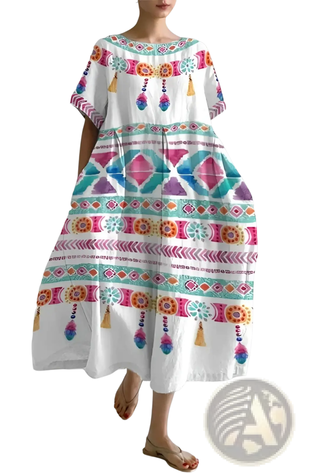 Artistic printed loose linen maxi dress in white with vibrant geometric tribal patterns and decorative tassels along the hem