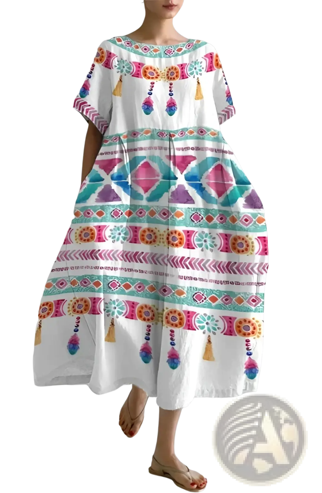 Artistic printed loose linen maxi dress in white with vibrant geometric tribal patterns and decorative tassels along the hem