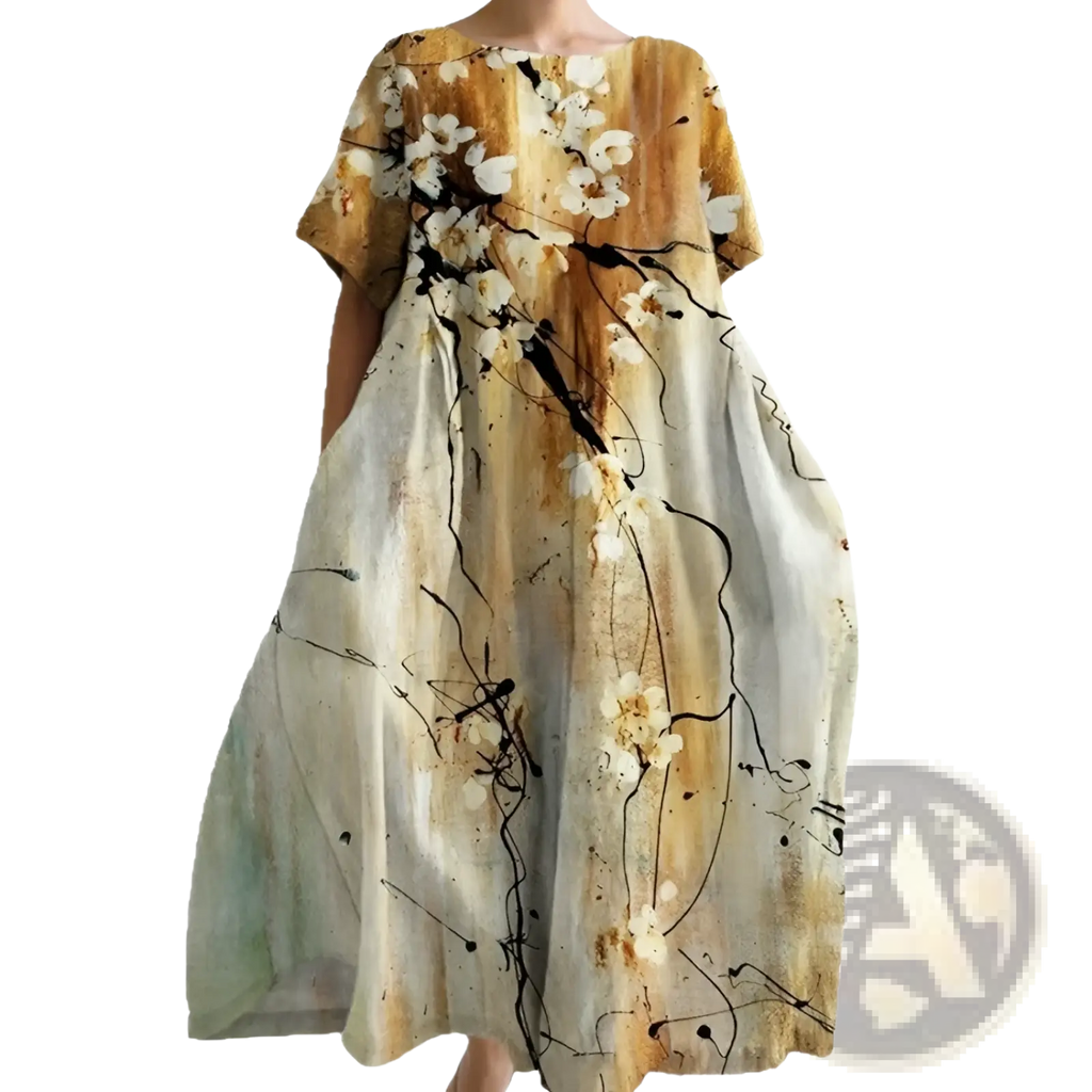 Artistic printed loose linen maxi dress with flowing off-the-shoulder design in soft beige and cream fabric with white floral pattern