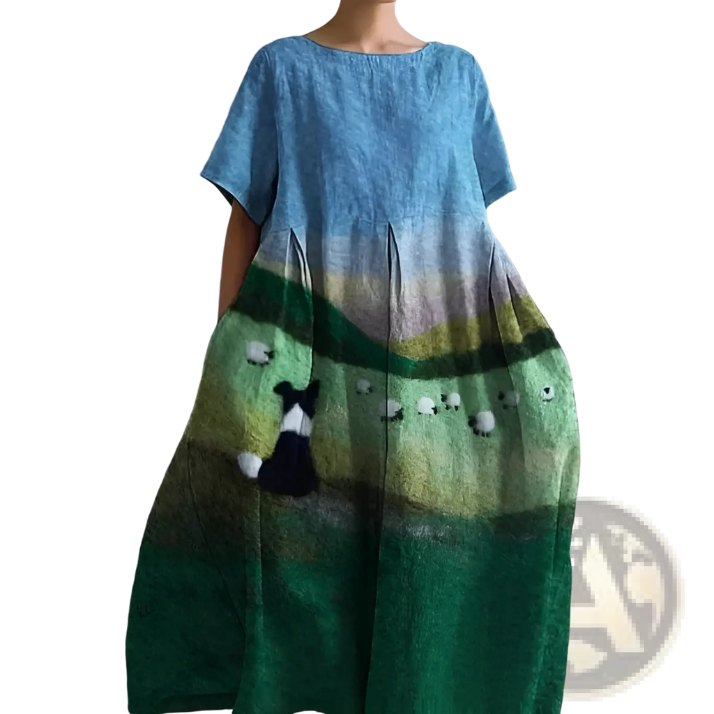 Artistic printed loose linen maxi dress with soft blue and green gradient and embroidered sheep and black and white dog