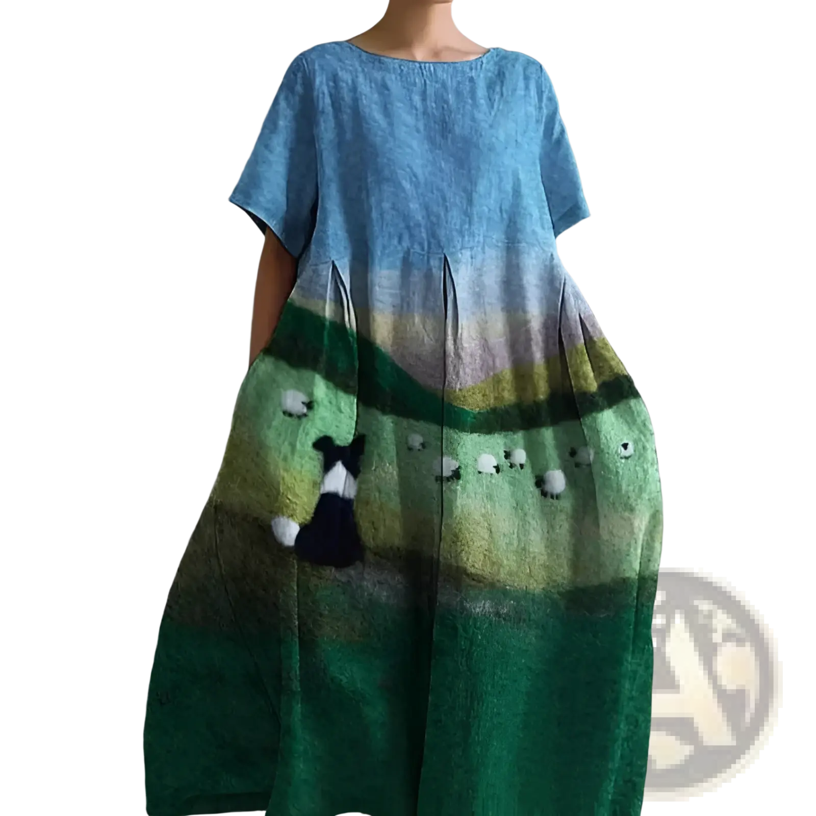Artistic printed loose linen maxi dress with soft blue and green gradient and embroidered sheep and black and white dog