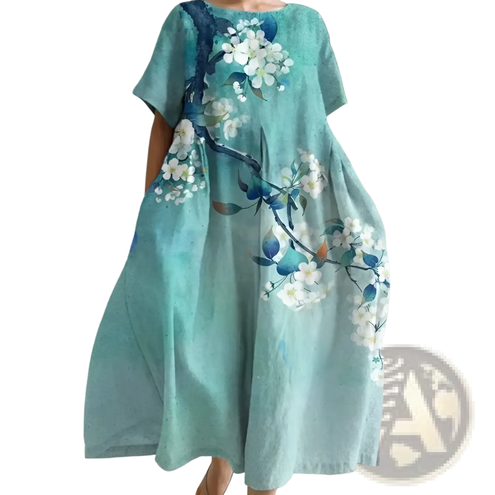 Teal linen artistic printed loose maxi dress with delicate white floral pattern and dark blue branches