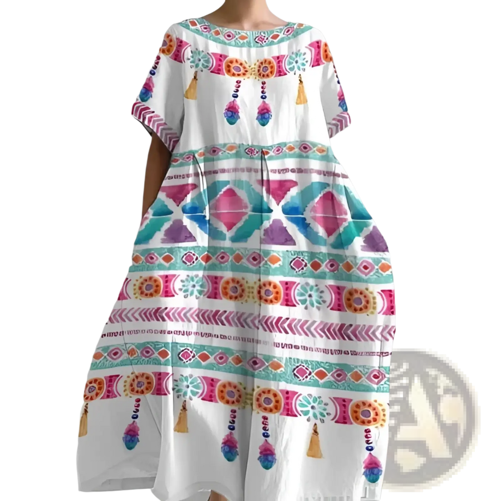 Artistic printed loose linen maxi dress in white with vibrant teal pink orange and purple geometric patterns and tassels
