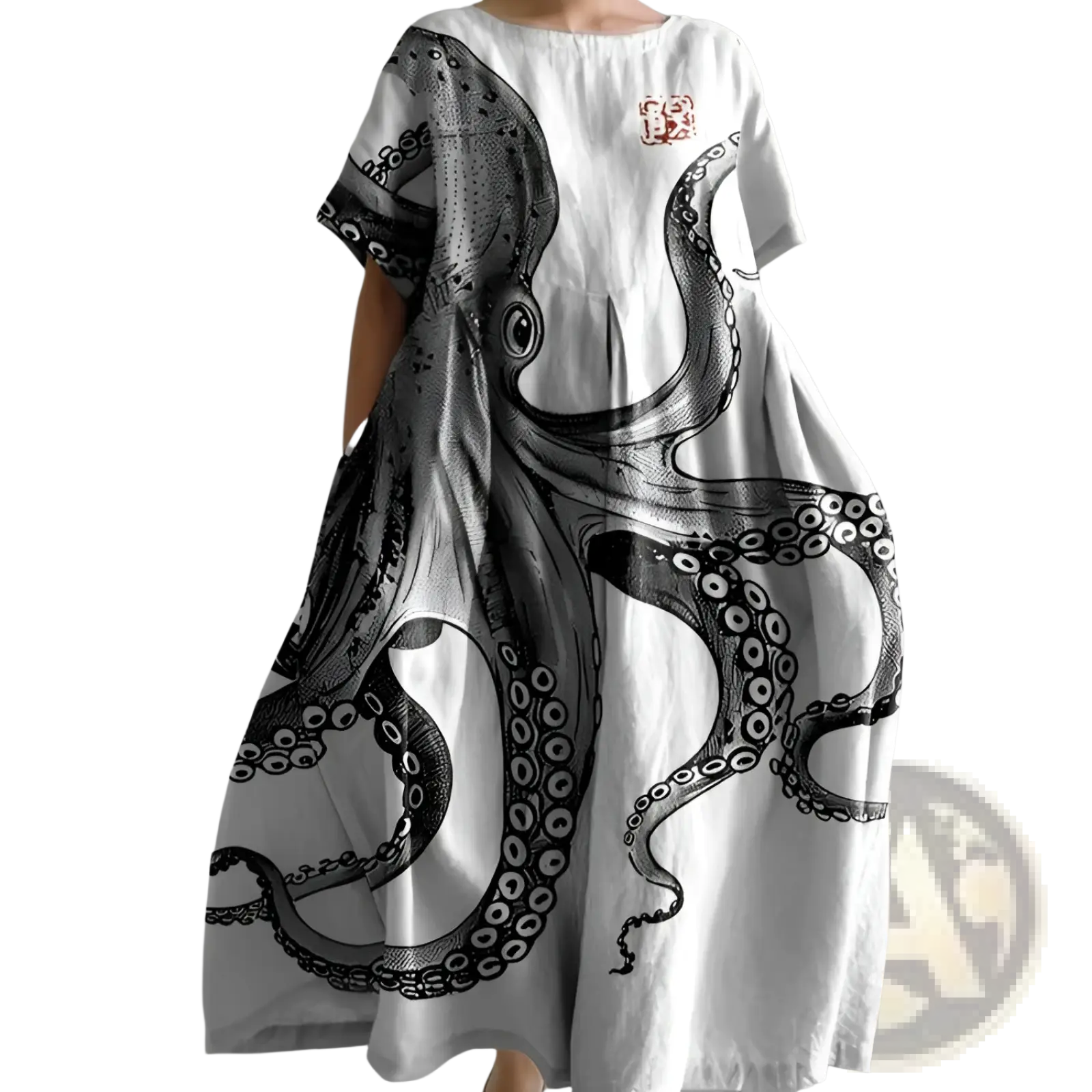 White linen maxi dress featuring a large black ink-style octopus print with detailed tentacles and suction cups