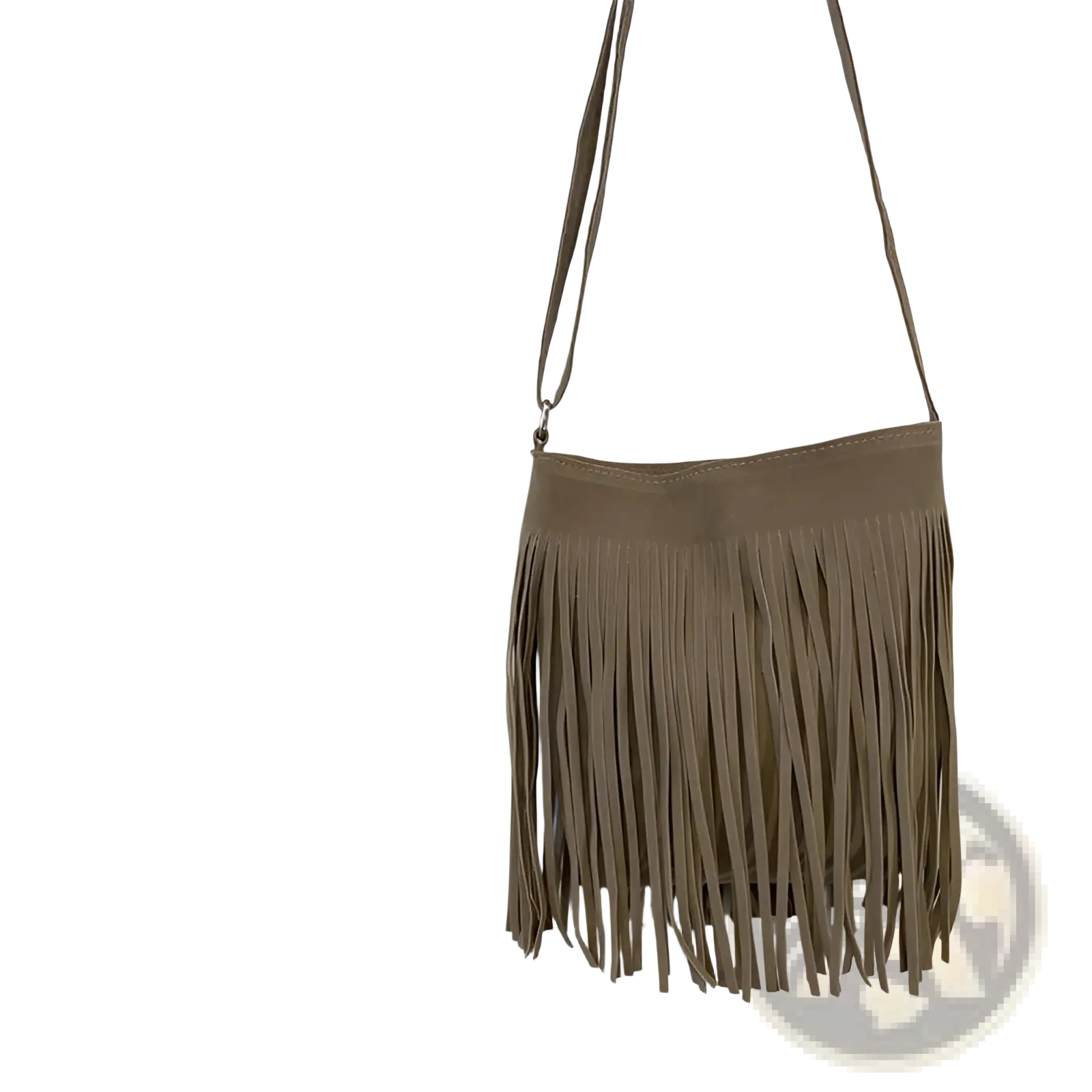Artistic tassel canvas shoulder bag in taupe suede with long slender fringe tassels for travel use