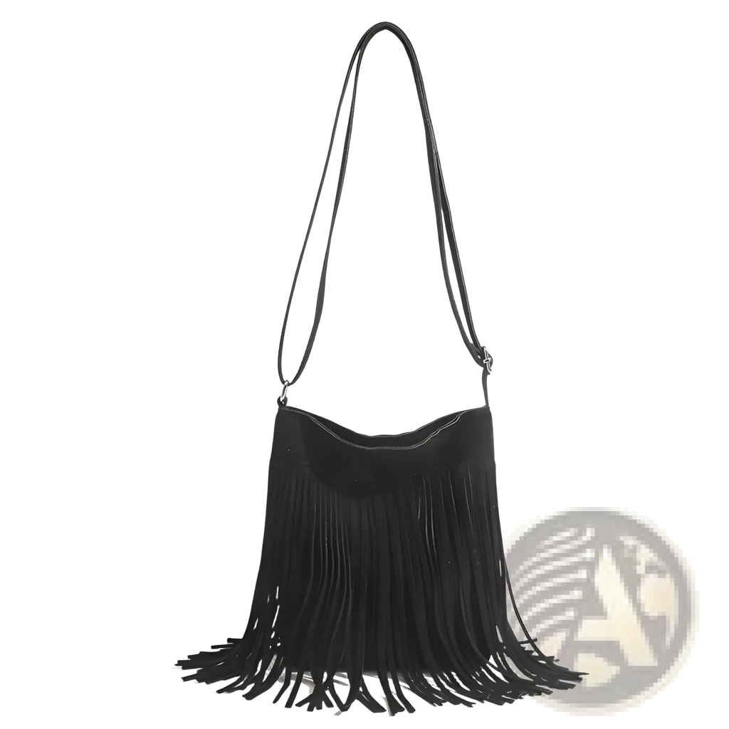 Black suede fringe shoulder bag with long adjustable strap artistic tassel canvas shoulder bag for travel use