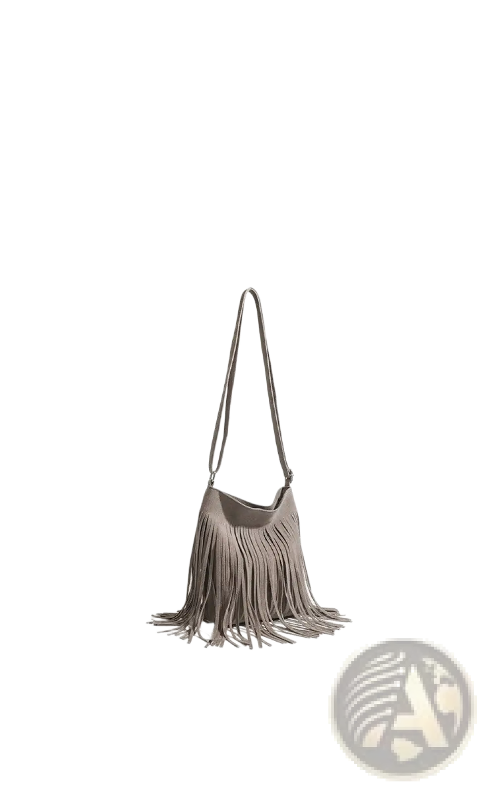 Artistic tassel canvas shoulder bag in taupe suede with fringe and long adjustable strap for travel use