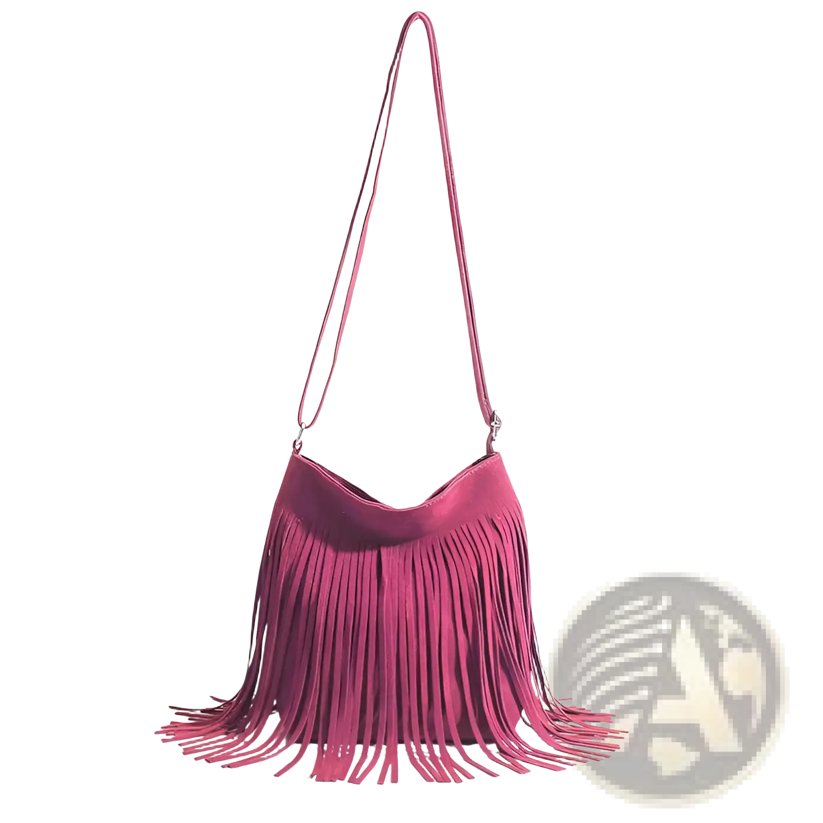 A fuchsia suede fringe shoulder bag with a long strap designed as an artistic tassel canvas shoulder bag for travel