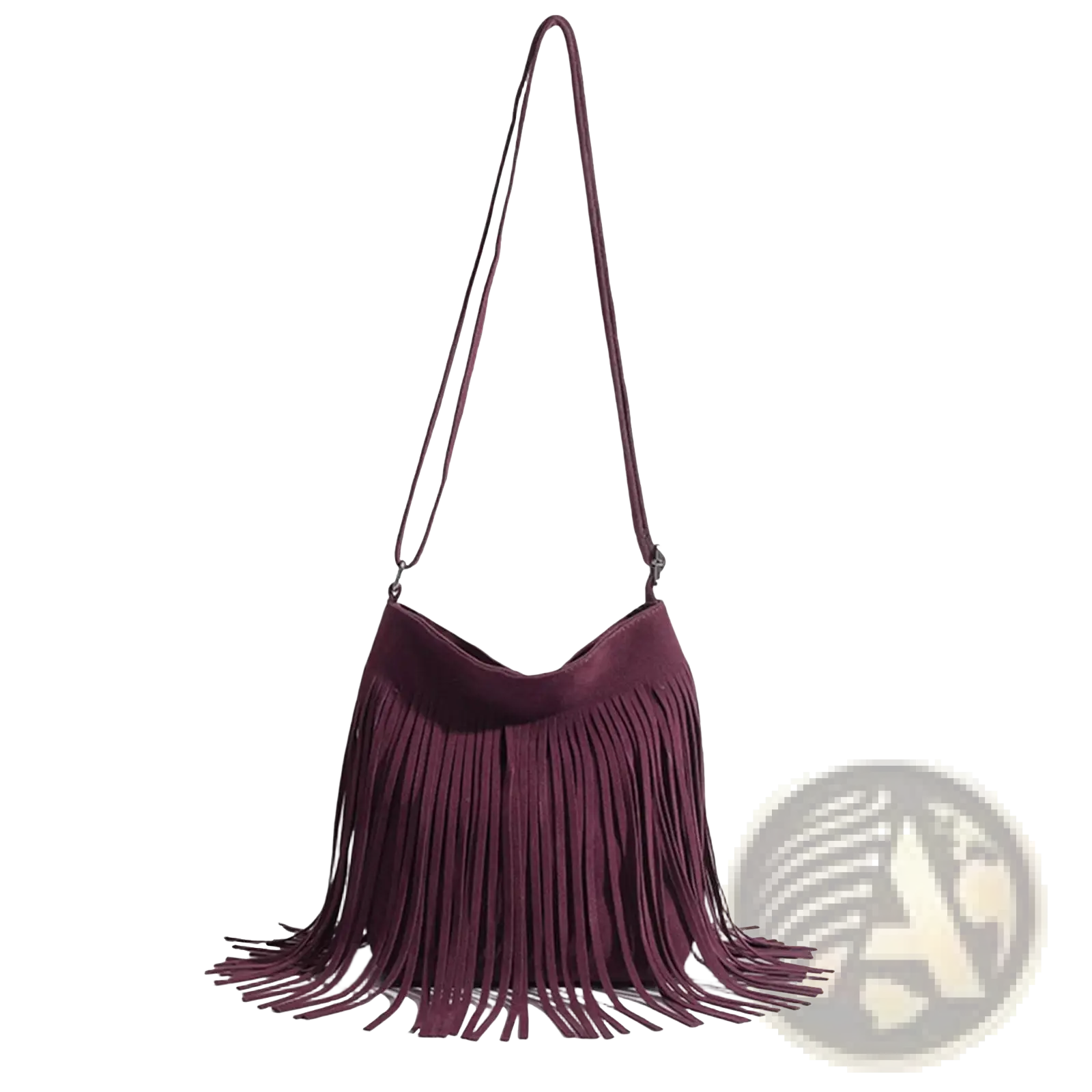 A maroon suede fringe shoulder bag with a long strap designed for travel and artistic tassel detail