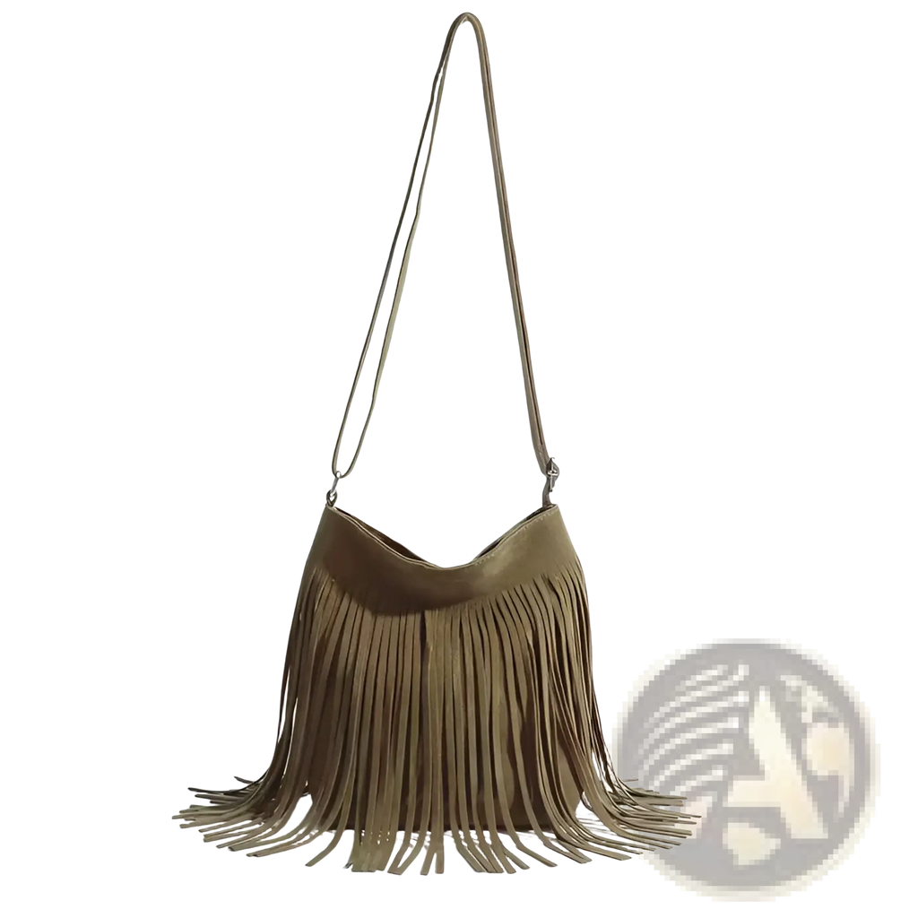 Olive green suede artistic tassel canvas shoulder bag with fringe and long adjustable strap for travel use
