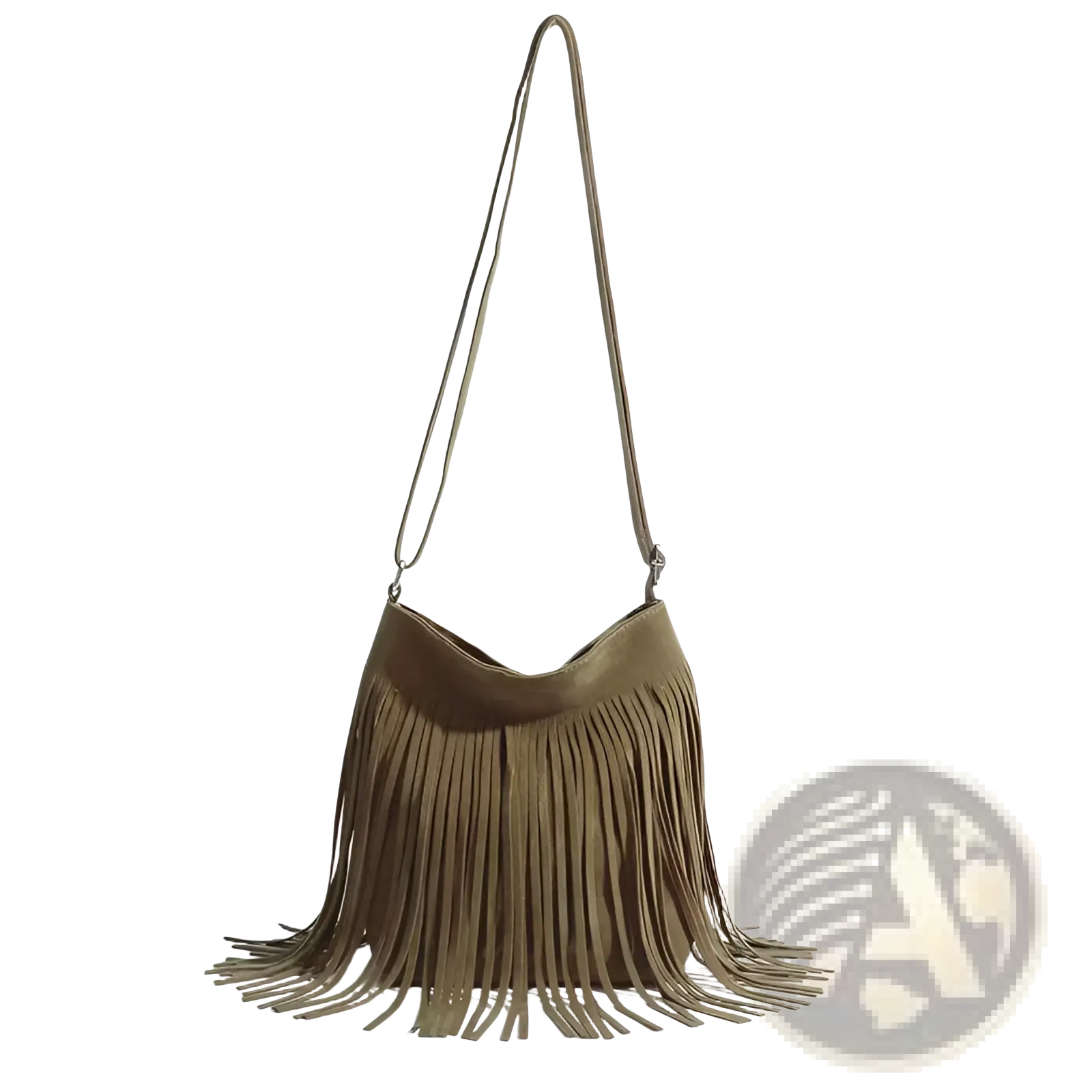 Olive green suede artistic tassel canvas shoulder bag with fringe and long adjustable strap for travel use