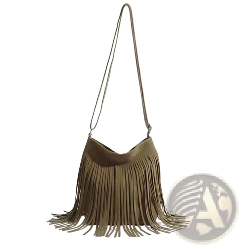 Olive green suede artistic tassel canvas shoulder bag with fringe and long adjustable strap for travel use