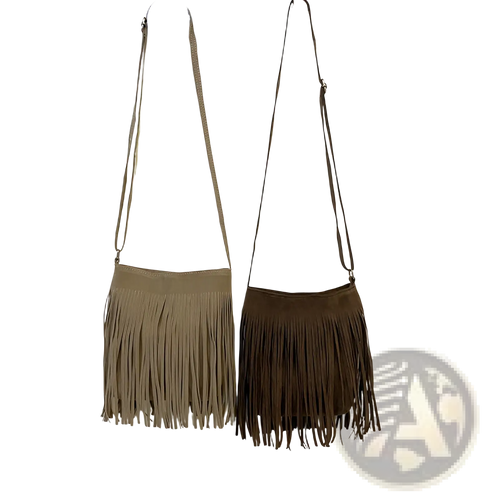 Two suede fringe crossbody bags in beige and brown for travel from the artistic tassel canvas shoulder bag collection