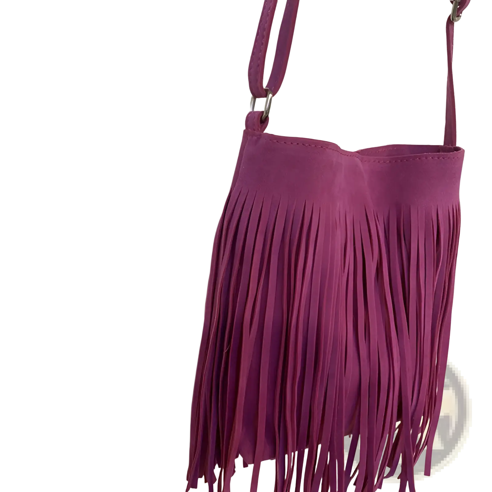 A vibrant magenta suede fringe crossbody bag with silver hardware for travel in the artistic tassel canvas collection
